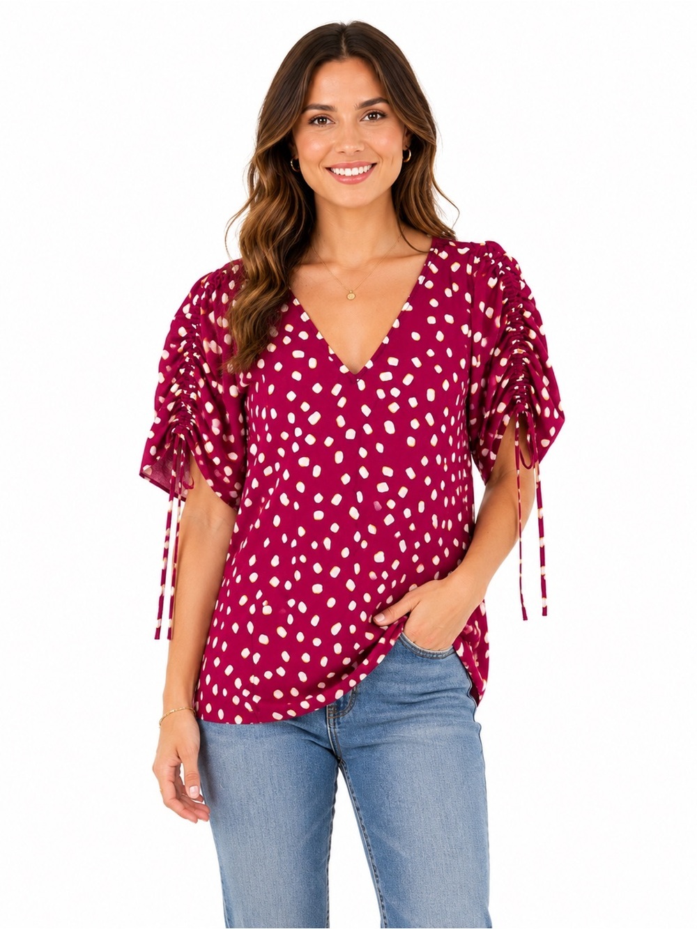 kate spade Berry Dot Ruched Sleeve V-Neck Top